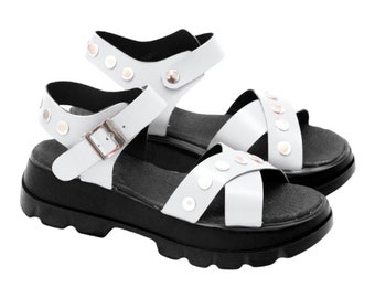 Leren sandalen voor dames/zomersandalen/handgemaakte schoenen/witte schoenen/witte lederen schoenen/lederen flats sandalen/designerschoenen