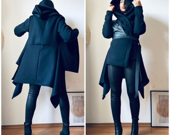 Asymmetric Cardigan For Women/ Eccentric Jacket For Women/ Large Hooded Cardigan/ Long Sleeve Cotton Jacket/ Handmade Asymmetric Autumn Vest