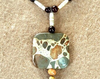 Safari Jasper Drop Bead: Garnet, Jasper, Bone, Shell and Seed. Creating an earthly balanced necklace.