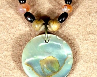 Mother of pearl button pendant with carnelian cappuccino jasper bone and shell