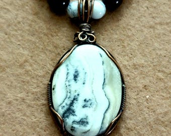 Silver Lace Onyx Polished Shaman Tribal Cabochon Pendant White Howlite Red Tiger Eye Bloodstone Bone Bead Seed Jewelry Necklace
