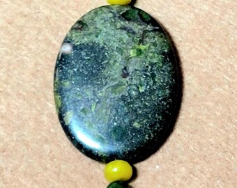Serpentine drop bead style pendant necklace.Olive opal, serpentine, jade and lava