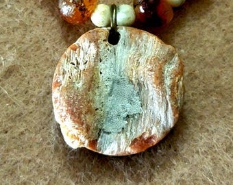 Mother of pearl button pendant: agate bone and shell