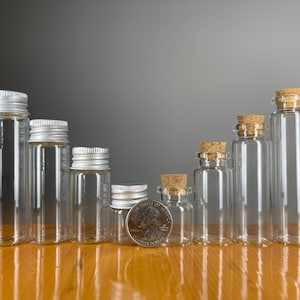 Small Glass Bottles (Pack of 5), 4 sizes, Corked and Screw-On Caps, 20ml, 15ml, 10ml, 5ml for Spices, Seeds, Jewelry, Beads, Wedding Favors