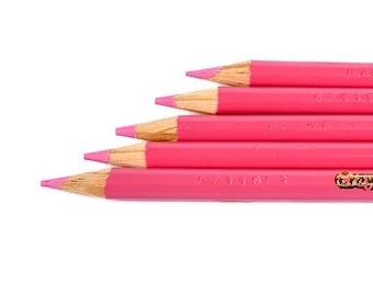 May include: A stack of five pink colored pencils arranged in a staggered formation. Each pencil features a bright pink wooden barrel, a sharpened tip with a pink lead core, and gold embossed text visible on the side of the bottom pencil.