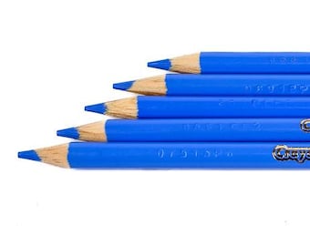 May include: A close-up of six blue colored pencils arranged in a staggered row. The pencils have a wooden barrel and a blue pigment. The tips are sharpened and ready for use. The brand name "Crayola" is visible on the side of the pencils.