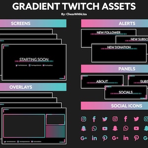 Könnte beinhalten: Ein Set an Twitch-Stream-Assets mit einem Farbverlauf in Pink und Blau. Die Assets beinhalten Bildschirme, Overlays, Benachrichtigungen, Panels und Social-Media-Icons. Der Text "STARTING SOON" ist auf einem der Bildschirme sichtbar.