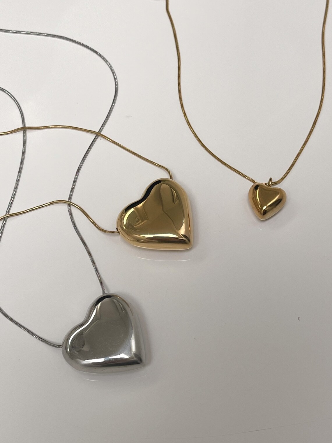 Mini Puffed Heart Necklace Puffy Chunky Heart Pendant Snake Etsy