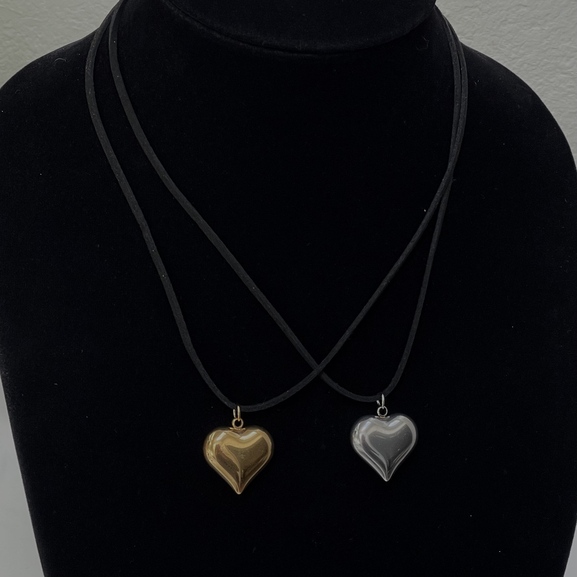 Gold Puffed Heart String Necklace Black Cord Long Wrap Tie Choker XL or  Mini Stainless Steel Chunky 3D Puffy Pendant Handmade Unisex Jewelry 