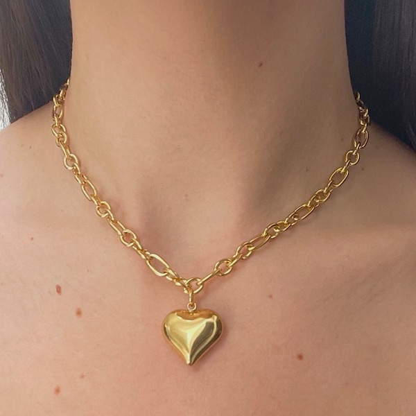 Big Puffy Hollow Heart Pendant Gold Y2K Necklace Chunky Jewelry Statement 3D Heart Handmade Unisex Gift Puffed Heart Unisex Jewelry