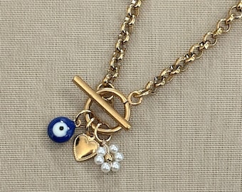 18k Gold Evil Eye Charm Necklace: Stainless Steel Toggle Chain