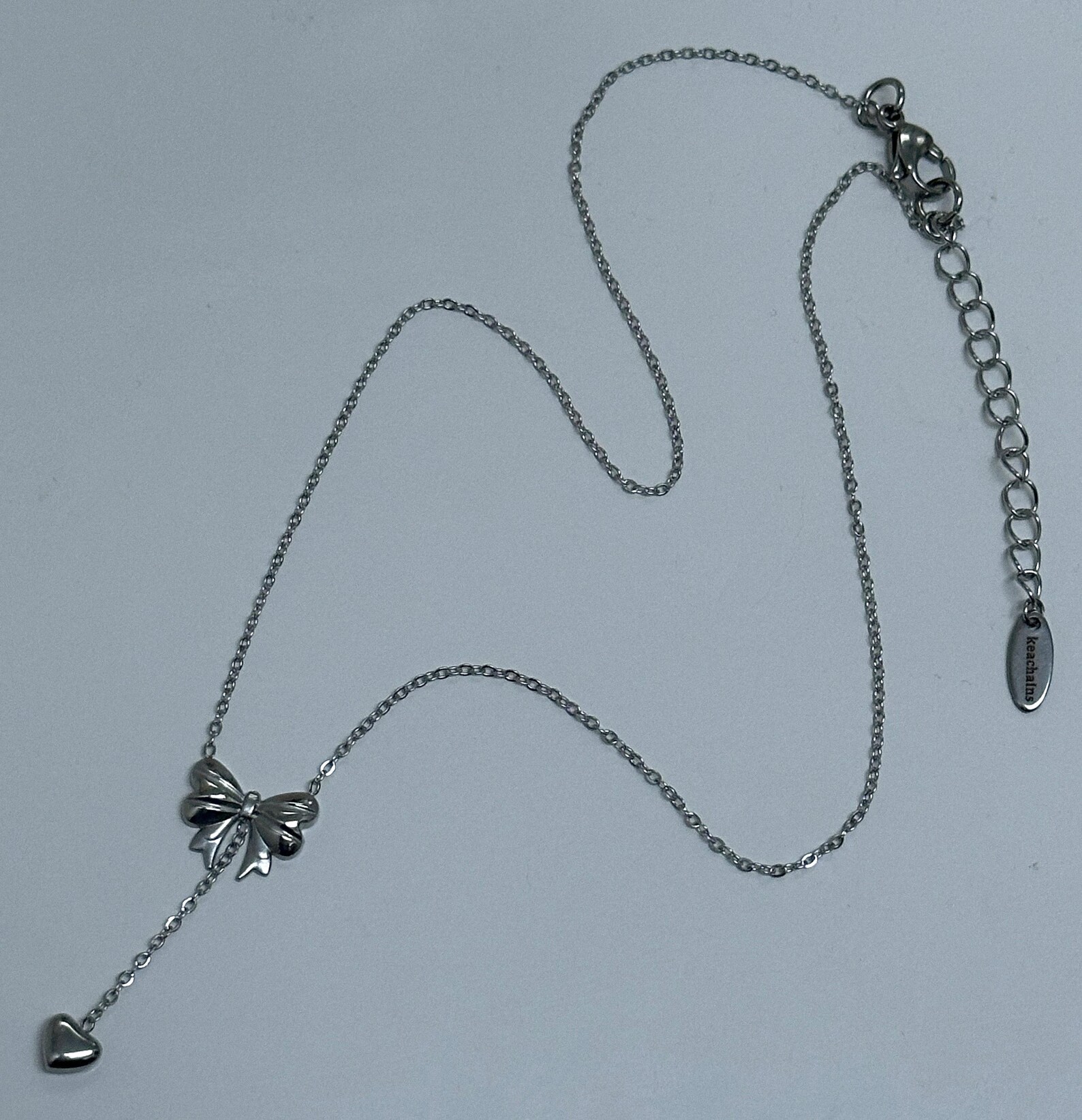 Mini Bow Drop Heart Necklace Puffy Heart Pendant Link Chain Silver ...