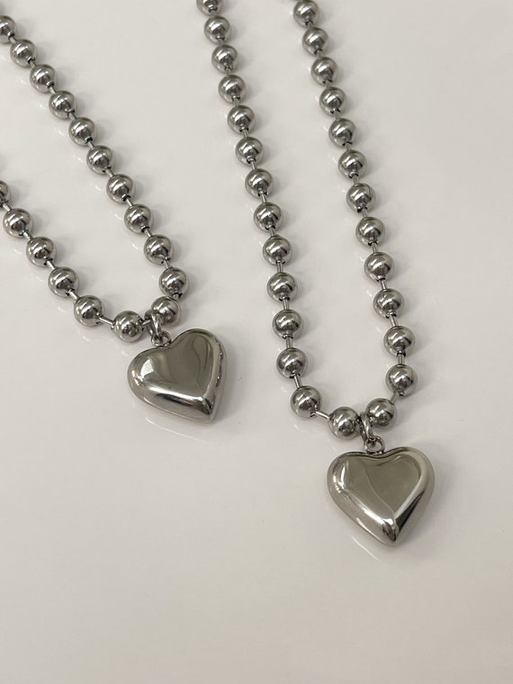 Silver Puffed Heart Ball Chain Stainless Steel Heart Pendant