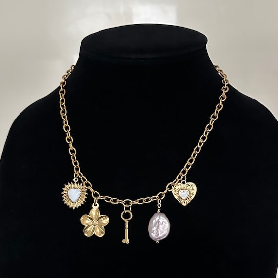 Heart Charm Necklace Stainless Steel Puffed Heart Flower Key