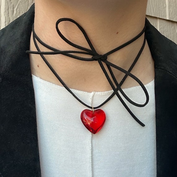 ASOS Design Mid Length Cord Necklace with Red Puff Heart-Black