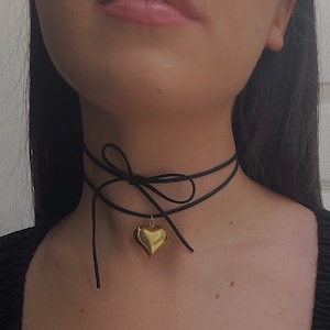 Gold Silver Puffy Heart Leather Black Suede Cord Necklace String
