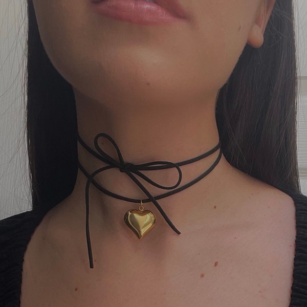 Gold Silver Puffy Heart Leather Black Suede Cord Necklace String Puffy Heart Stainless Steel Chunky Y2K Unisex Jewelry Wrap Choker Keachains