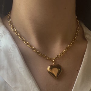 Gold Puffed Hollow Heart Pendant Necklace Chunky Jewelry Statement 3D Heart Handmade Unisex Customizable Gift Puffy Heart Unisex Jewelry