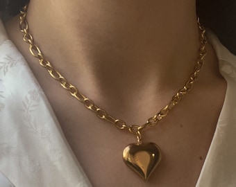 Big Heart Necklace Puffed Heart Pendant Snake Chain
