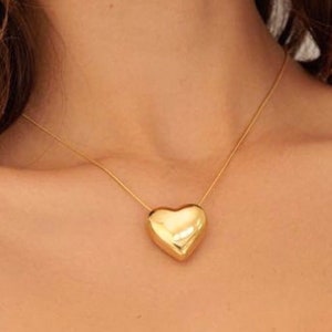 Big Heart Necklace Puffed Heart Pendant Snake Chain Stainless Steel 18k Gold Bubble Heart Jewelry Keachains Handmade Balloon Heart Gift