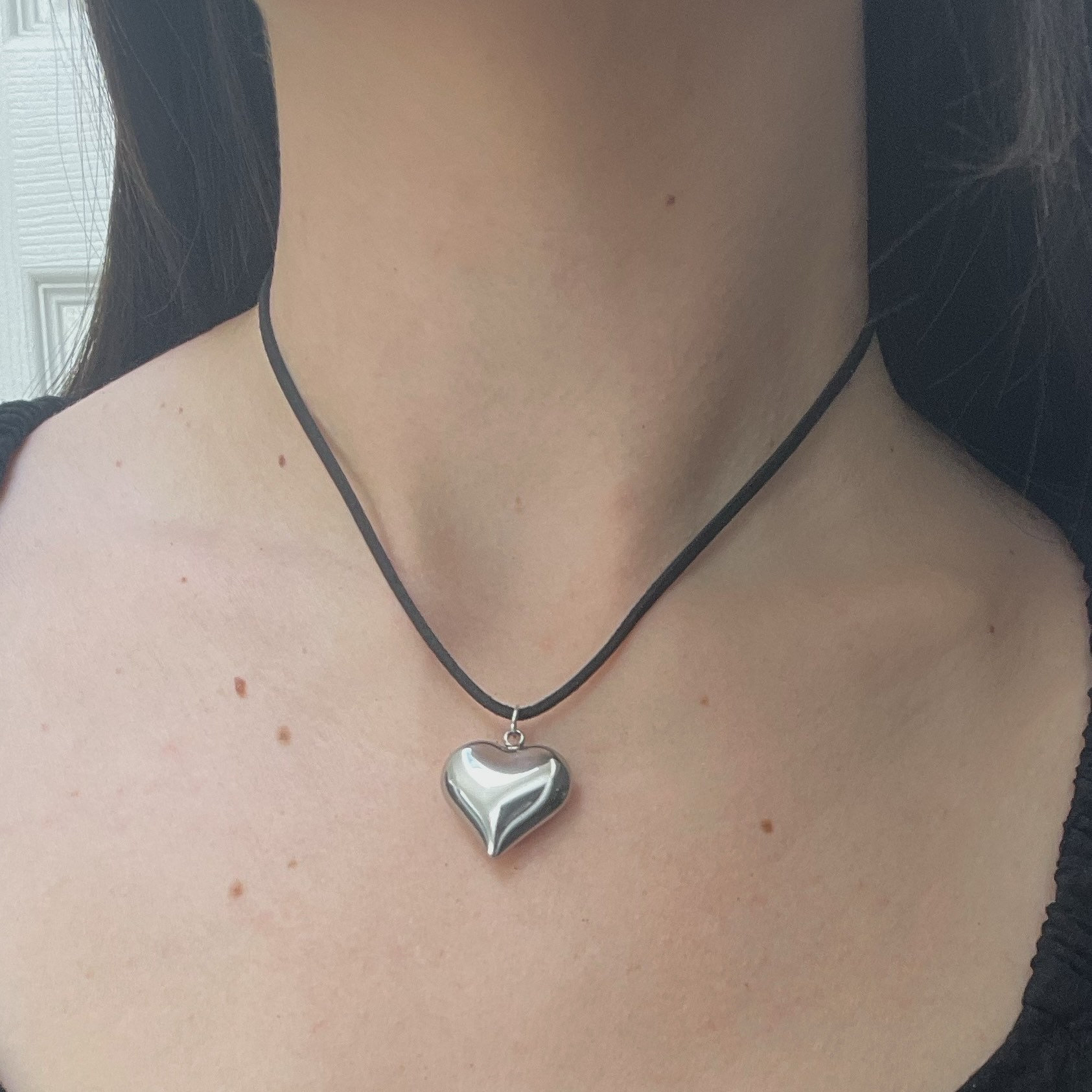 Silver heart necklace, black string necklace, heart pendant, boho neck –  Artisan Look
