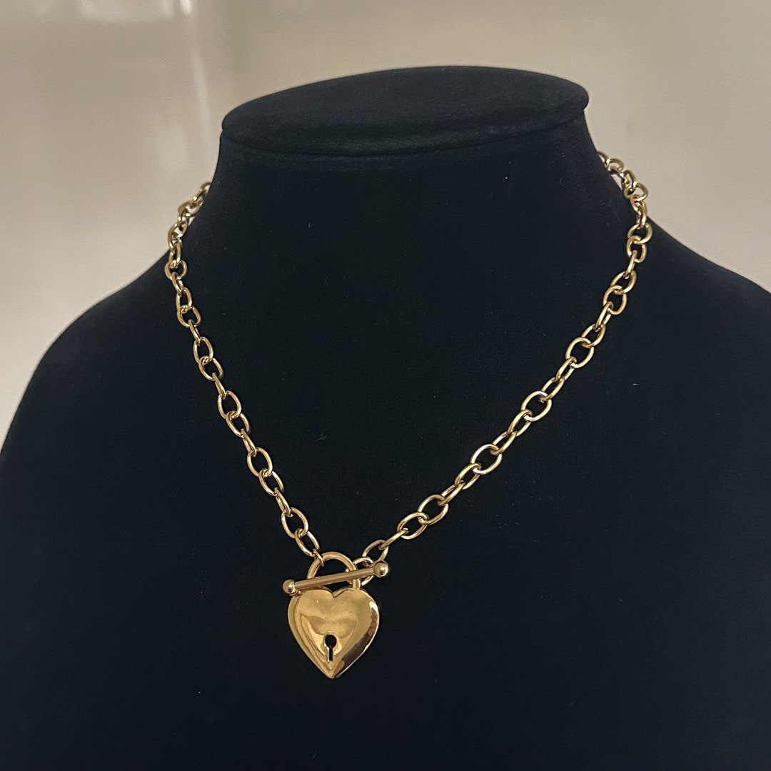 Puffy Heart Lock Pendant Toggle Necklace Chunky Jewelry Statement 3D ...