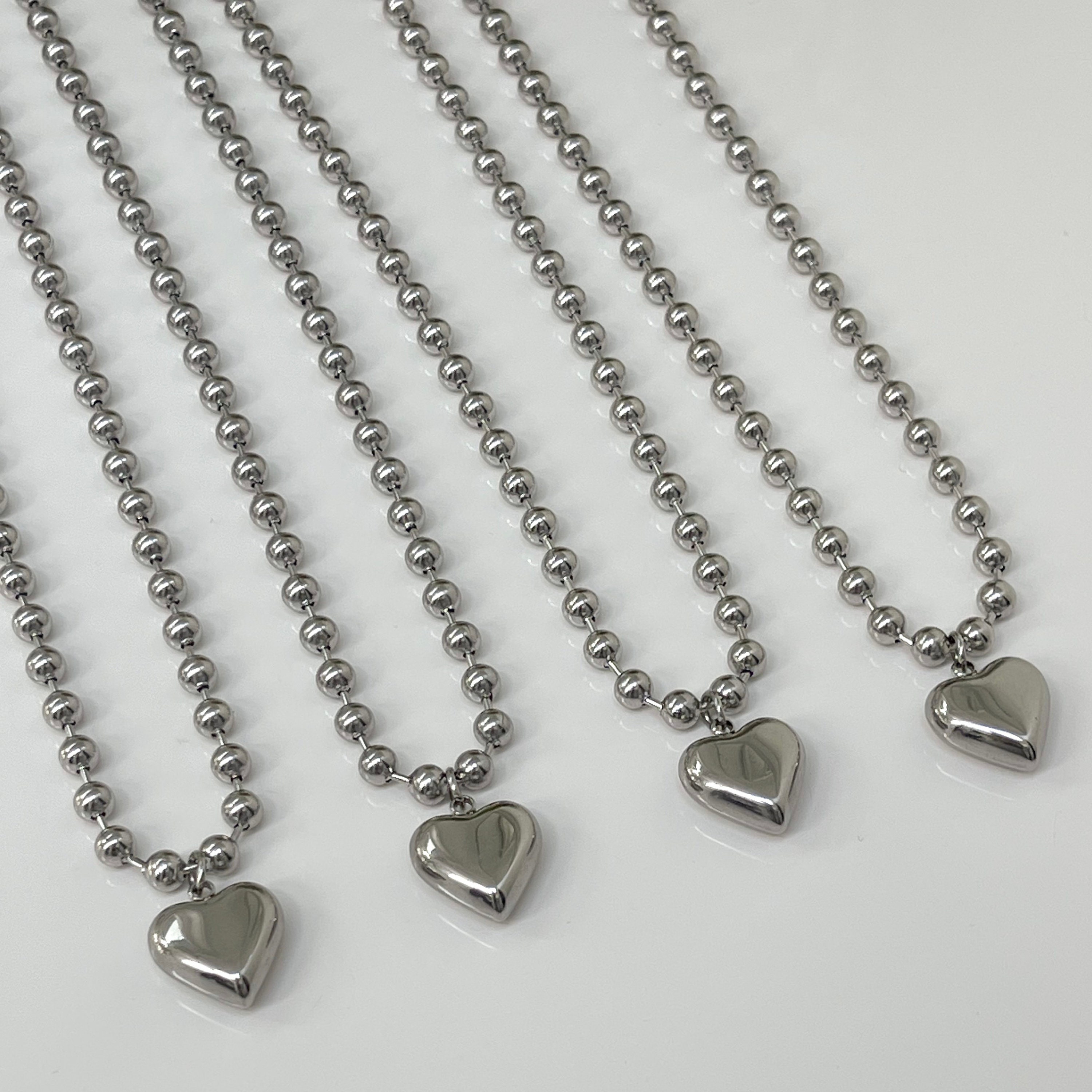 【TATIANA】(SILVER925) Classic Heart Ball Chain Necklace~☆ HEART CHAIN NECKLACE, Ball Chain Link Necklace, Silver Heart