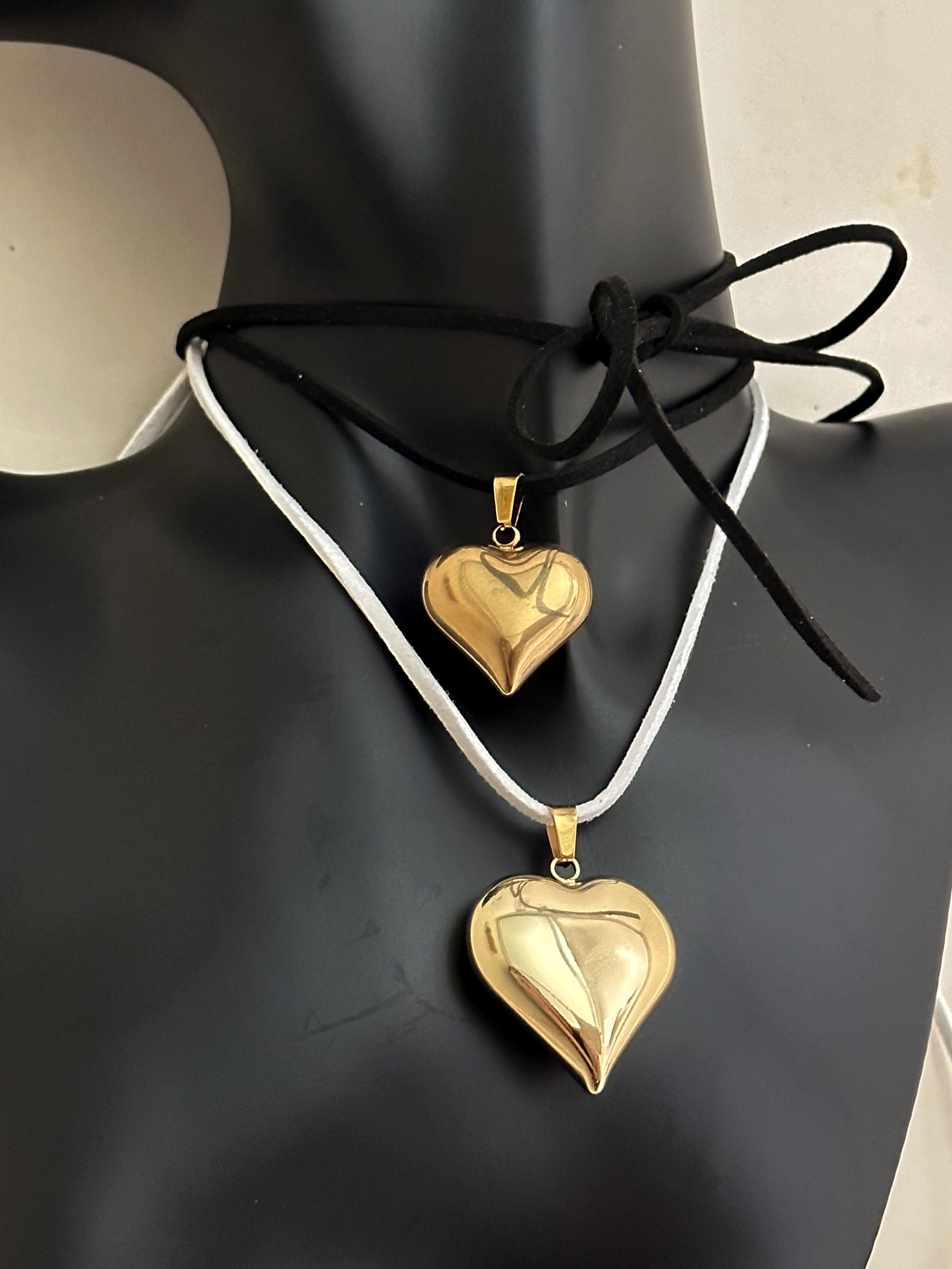 Rhodium Puffy Heart Black Suede Adjustable Cord Necklace - Lovisa