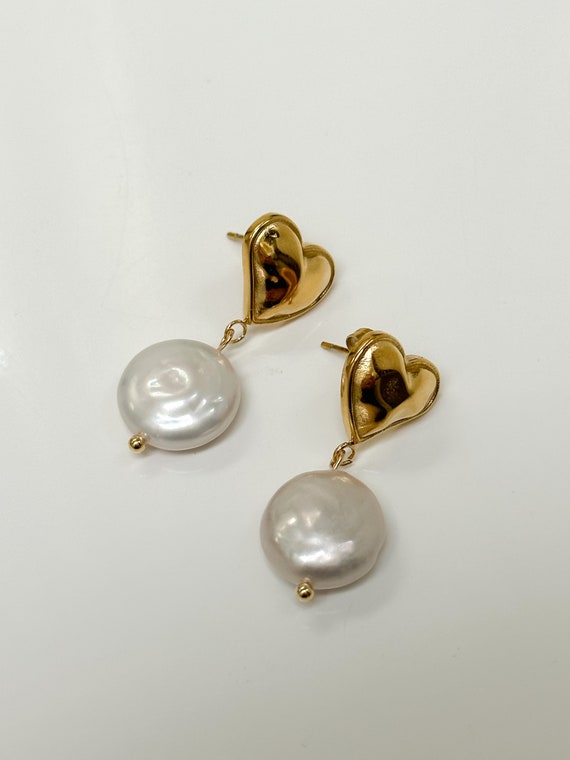 Hand Made, Gold Heart with Pearl Earrings