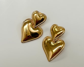 Pendientes de poste de corazón inflado Pendientes de corazón de oro Acero inoxidable impermeable Hecho a mano Regalo personalizado Minimalista Joyería elegante Corazón hinchado