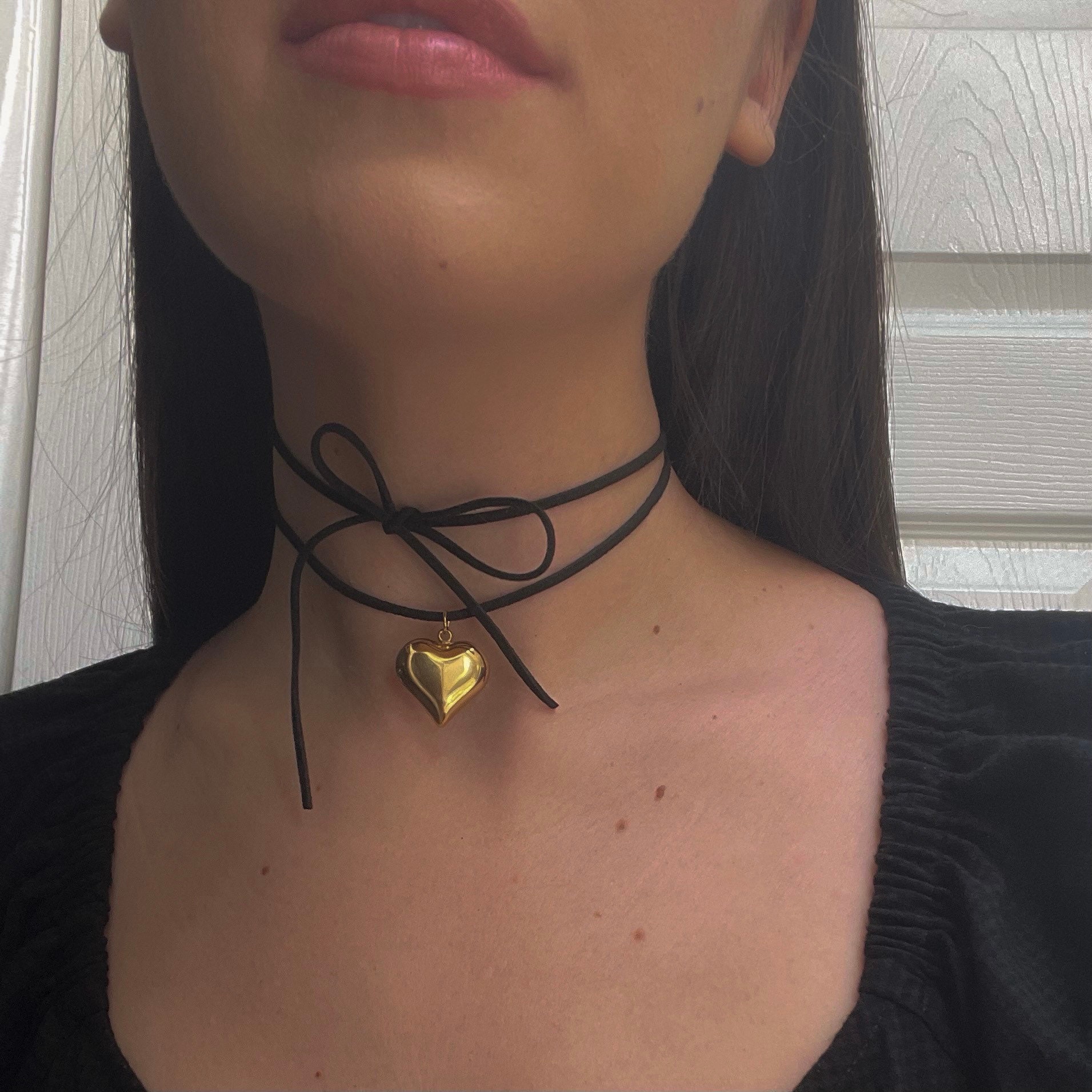 Gold Silver Puffy Heart Leather Black Suede Cord Necklace String Puffy Heart  Stainless Steel Chunky Y2K Unisex Jewelry Wrap Choker Keachains - Etsy