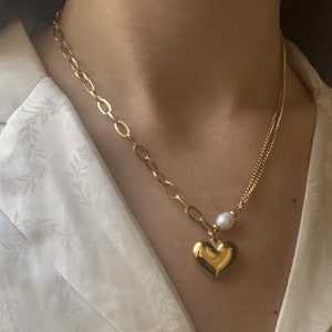 Soulmate Necklace Pearl Heart Half Chain 18k Gold Solid Stainless Steel Heart Real Freshwater Pearls Minimalist Lover Jewelry Puffy Hearts