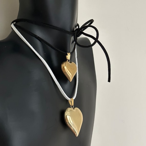 Silver Puffy Heart Leather Black Bow Suede Cord Necklace String Gold Puffy  Heart Steel Coquette Y2K Unisex Jewelry Wrap Choker Keachains 