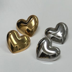 Puffed Heart Post Earrings Silver Heart Earrings Waterproof Stainless Steel Handmade Customized Gift Minimalist Elegant Jewelry Puffy Heart