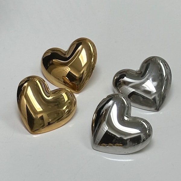 Puffed Heart Post Earrings Silver Heart Earrings Waterproof Stainless Steel Handmade Customized Gift Minimalist Elegant Jewelry Puffy Heart