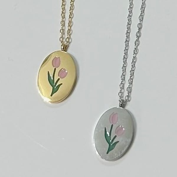 Tulip Necklace Vintage Inspired Flower Gold Stainless Steel Pendant Waterproof Dainty Chain Tulip Painted Pendant Necklace Gift Keachains