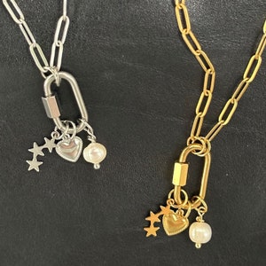 Mini Carabiner Clip Link Chain Necklace Gold Charms Stainless Steel Choker Layer Clasp Carabiner Charm Handmade Unisex Pearl Charm Gift