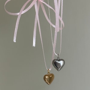 Gold Puffed Heart String Necklace Black Cord Long Wrap Tie