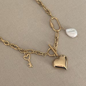 Carabiner Charm Necklace Stainless Steel Puffy Heart Charm Gift Necklace Pearl Charm Jewelry Clasp Amore Chain Customized Key Gift Keachains
