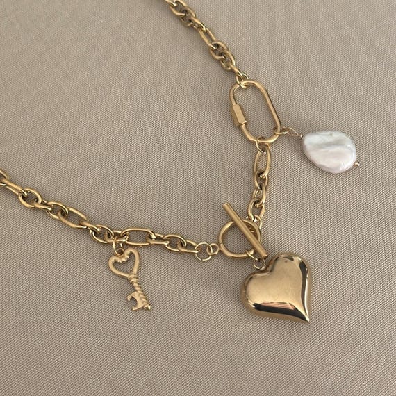 Carabiner Charm Necklace Stainless Steel Puffy Heart Charm