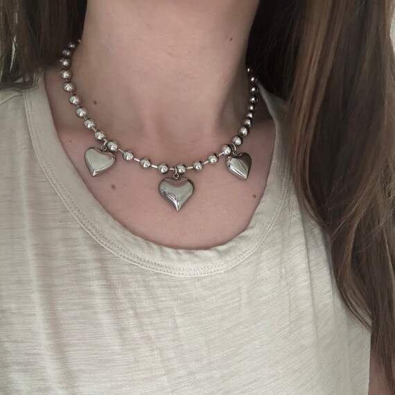 ★PEARLY MORE★ Volume Heart Ball Chain Necklace Chunky Ball Chain Puffy Heart Oversized Pendant Heart Charm