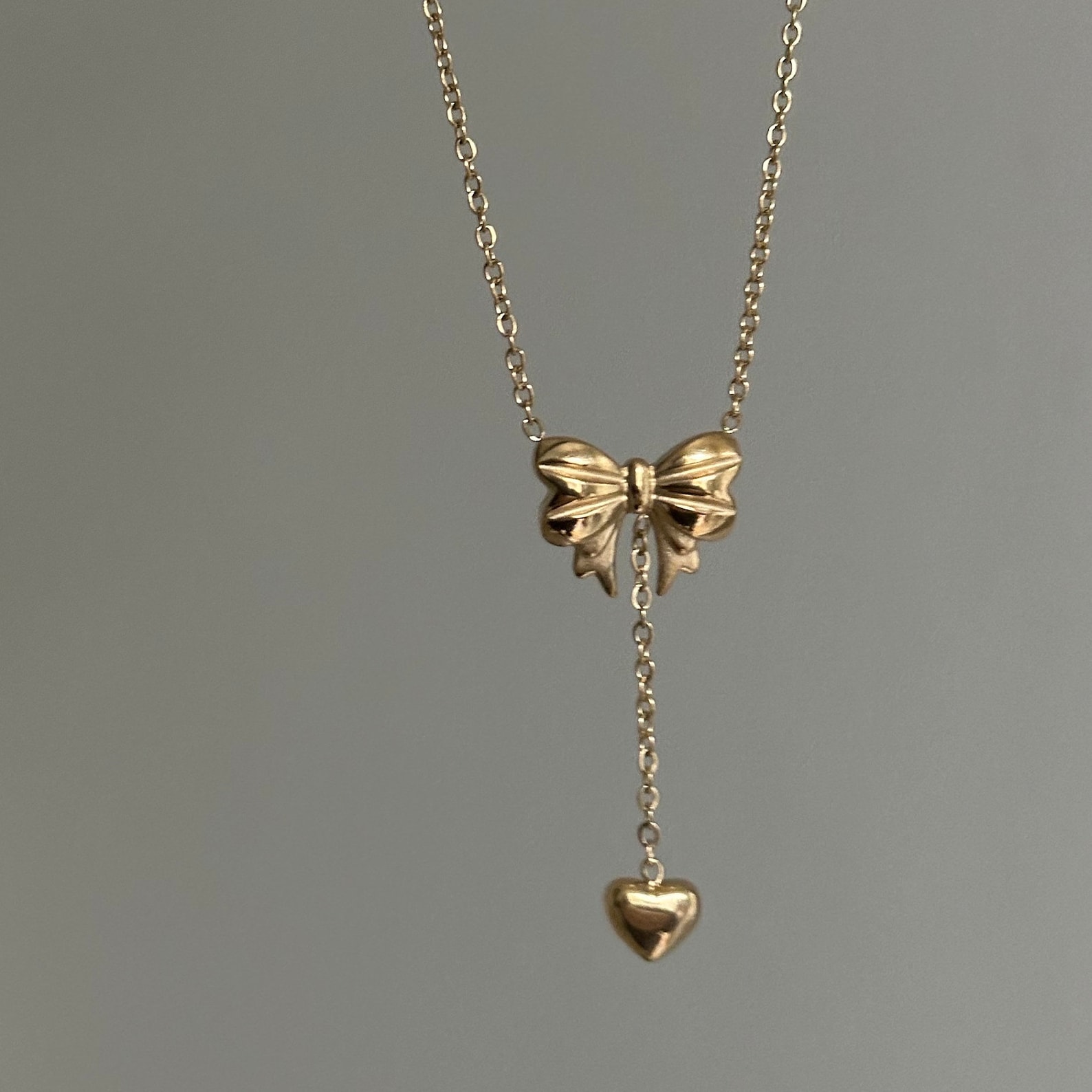 Mini Bow Drop Heart Necklace Puffy Heart Pendant Link Chain Silver ...