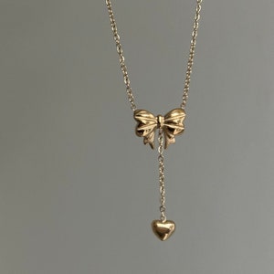 Mini Bow Drop Heart Necklace Puffy Heart Pendant Link Chain 18k Gold Stainless Steel Bow Jewelry Keachains Dainty Cottagecore Bow Gift
