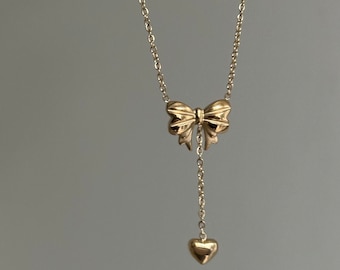 Mini Bow Drop Heart Necklace Puffy Heart Pendant Link Chain 18k Gold Stainless Steel Bow Jewelry Keachains Dainty Cottagecore Bow Gift
