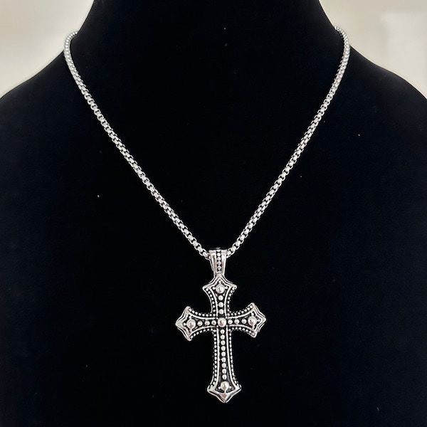 Chrome Big Cross Pendant Chunky Gothic Cross Necklace Box Chain Silver Stainless Steel Y2K Tarnish Proof Handmade Unisex Jewelry Keachains