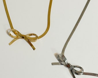 Dainty Bow Necklace Herringbone Chain Bow Choker Gold Bow Silver Tie Knot Cottagecore Layering Custom Gift Stainless Steel Jewelry Keachains