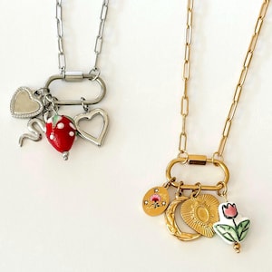 Design Ihre eigene Karabiner Charm Halskette Gold Charms Edelstahl Layer Verschluss Karabiner Charm Handmade Unisex Perle Herz Custom Halskette