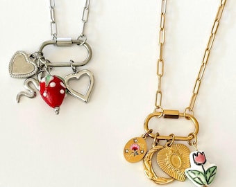 Design Your Own Carabiner Charm Necklace Gold Charms Stainless Steel Layer Clasp Carabiner Charm Handmade Unisex Pearl Heart Custom Necklace
