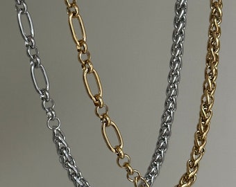 Half and Half 18k Gold Link Chain Necklace Stainless Steel Tarnish-Proof Gift Statement Jewelry Half Chain Silver Waterproof Necklace Gift