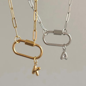 Collar de cadena con clip y letra de burbuja con cierre de mosquetón, de acero inoxidable, personalizado con inicial, hecho a mano, mini letra personalizada, regalo